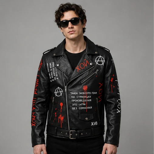Printed Punk Rock Biker Jacket | Anarchy Symbol & Russian Text