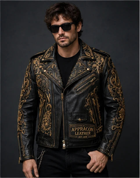 Double Printed -Headed Eagle Moto Leather Jacket