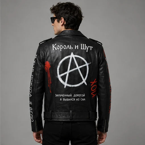 Printed Punk Rock Biker Jacket | Anarchy Symbol & Russian Text