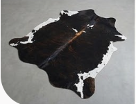 Genuine Jet Black Cowhide Rug | White Peppered Trim & Brown Spine Cowskin Area Rug | Modern Western Leather Carpet