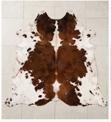 Genuine Chestnut Brown & White Cowhide Rug | Natural Tri-Color Spotted Cowskin Area Rug | Rustic Leather Carpet for Living Room