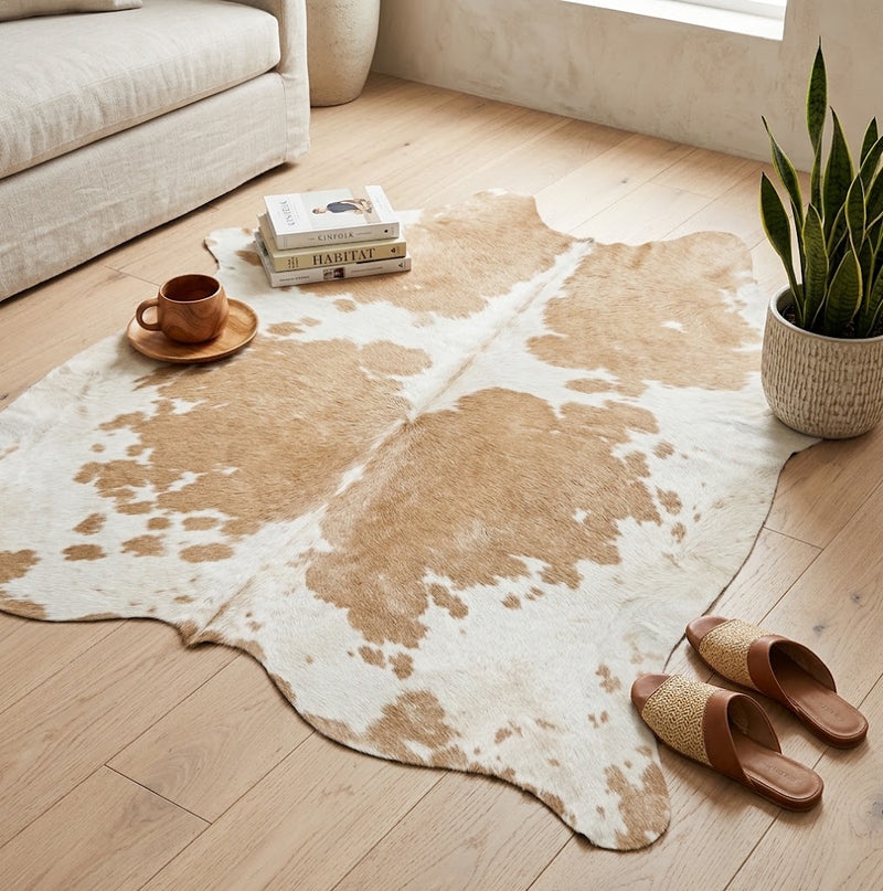 Genuine Champagne Beige & White Cowhide Rug | Natural Light Tan Spotted Cowskin Area Rug | Soft Cream Leather Carpet for Living Room
