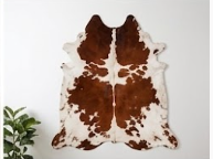 Genuine Chestnut Brown & White Cowhide Rug | Natural Spotted Warm Brown Cowskin Area Rug | Rustic Leather Carpet for Living Room