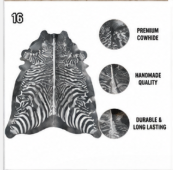 Authentic Black and White Zebra Stenciled Cowhide Rug -  Printed Leather Area Rug