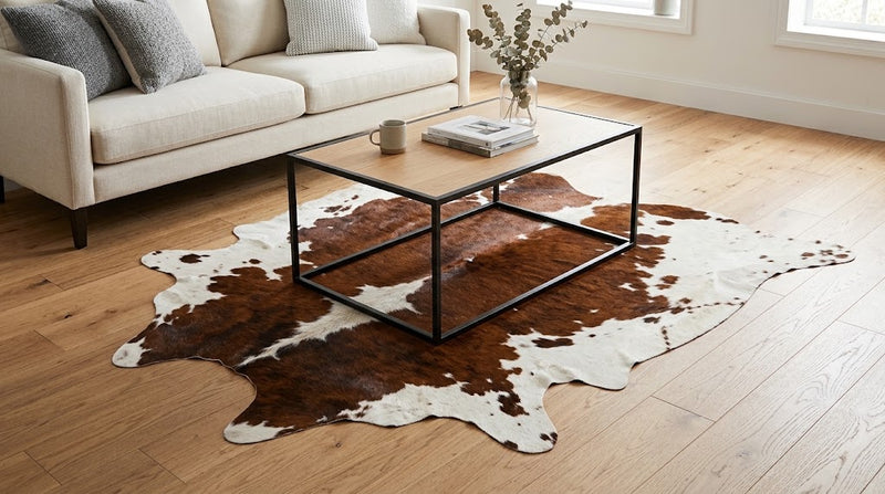 Genuine Chestnut Brown & White Cowhide Rug | Natural Tri-Color Spotted Cowskin Area Rug | Rustic Leather Carpet for Living Room