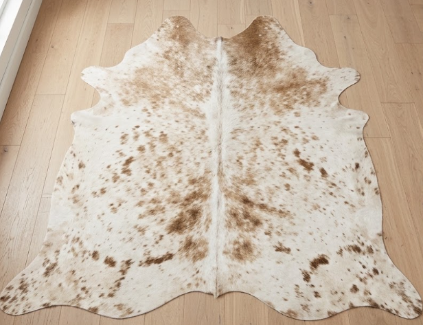 Genuine Champagne Beige & Tan Cowhide Rug | Natural Speckled Light Brown Cowskin Area Rug | Neutral Boho Carpet for Living Room