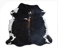 Genuine Jet Black Cowhide Rug | White Peppered Trim & Brown Spine Cowskin Area Rug | Modern Western Leather Carpet