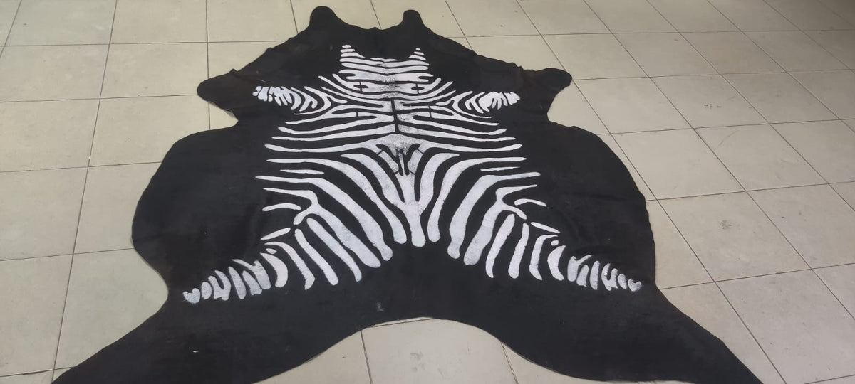 Genuine Zebra Print Cowhide Rug | Black & White Stenciled Cowskin Area Rug | Modern Exotic Leather Floor Carpet for Living Room