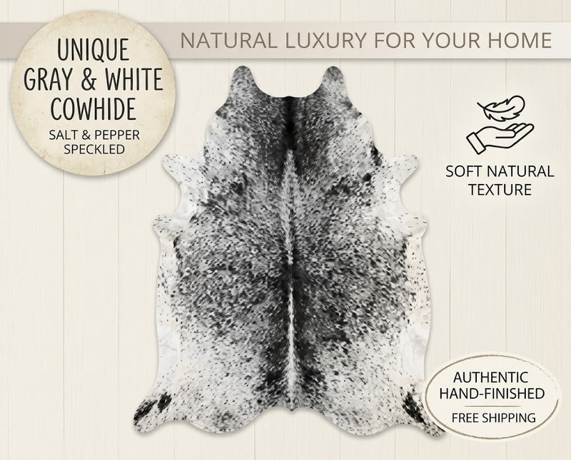 Grey Salt and Pepper Cowhide Rug - Genuine Monochrome Leather Area Rug