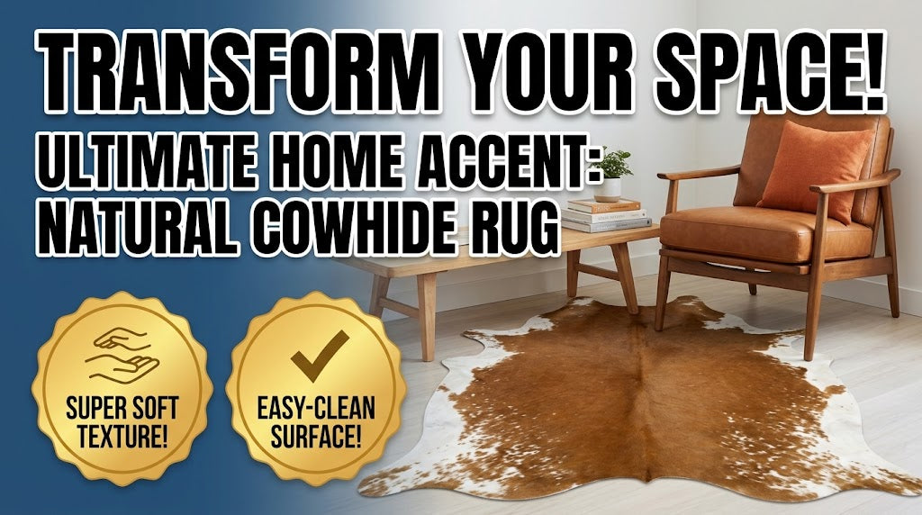 Authentic Cognac Brown & White Cowhide Area Rug – Genuine Natural Leather Accent Mat