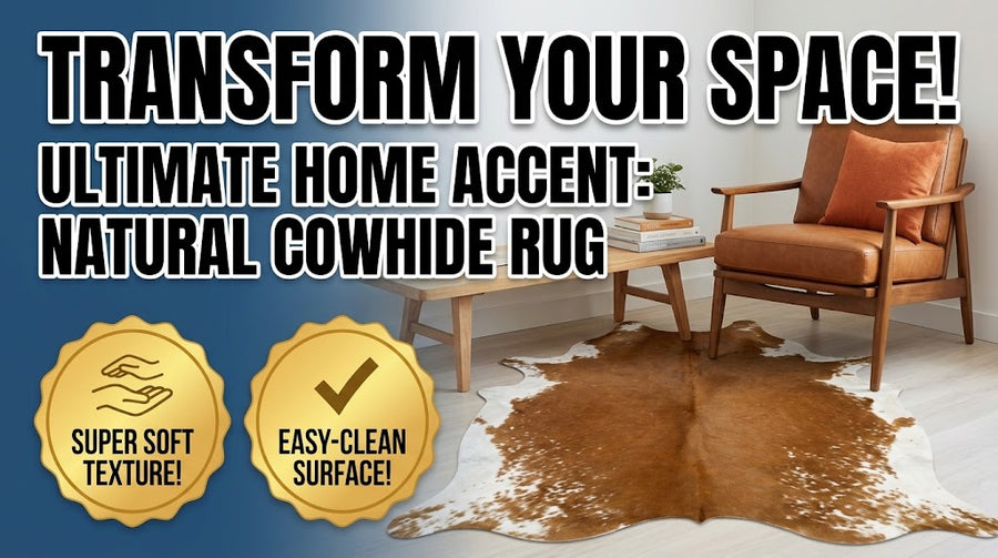 Authentic Cognac Brown & White Cowhide Area Rug – Genuine Natural Leather Accent Mat