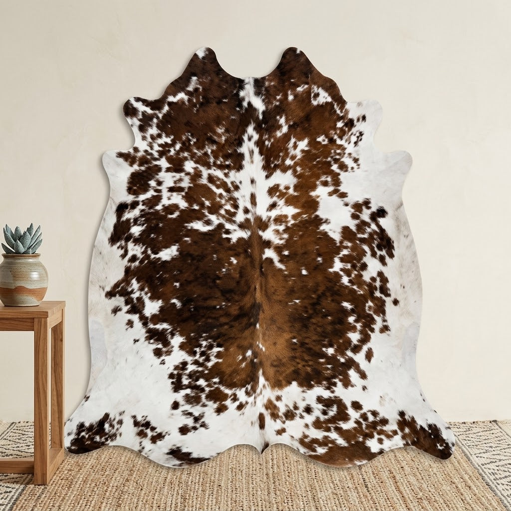 Authentic Brown and White Spotted Cowhide Area Rug – Genuine Salt & Pepper Pattern Leather Mat