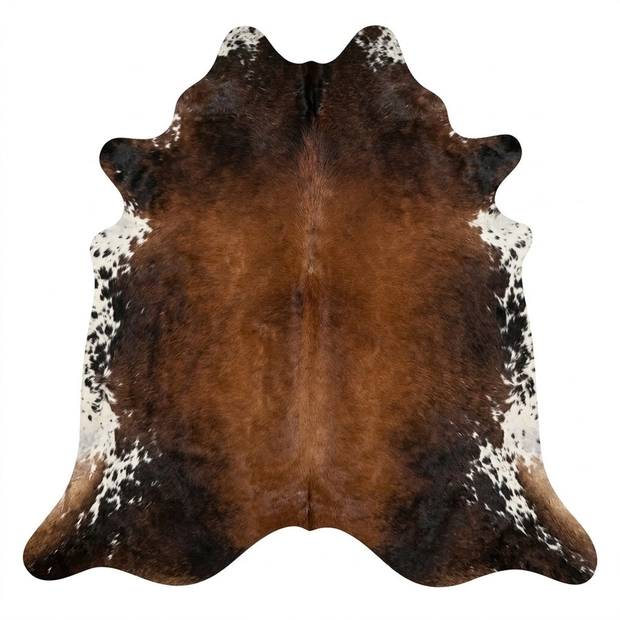 Genuine Tricolor Chestnut Brown Cowhide Rug | Black & Off-White Speckled Cowskin Area Rug | Rustic Modern Western Leather Carpet