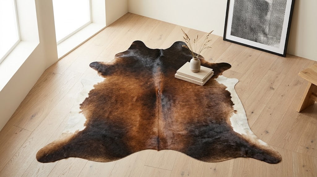 Genuine Tricolor Cowhide Rug | Black Chestnut Brown & White Natural Leather Area Rug | Exotic Salt and Pepper Cow Skin Floor Decor