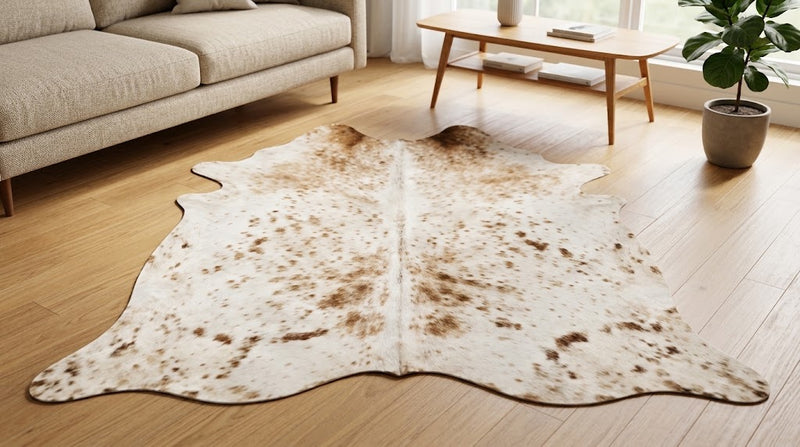 Genuine Champagne Beige & Tan Cowhide Rug | Natural Speckled Light Brown Cowskin Area Rug | Neutral Boho Carpet for Living Room