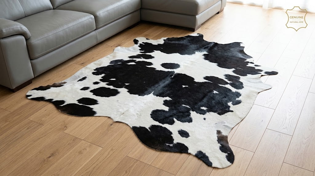 Genuine Black and White Cowhide Rug | Natural Spotted Cow Skin Area Rug | Classic Holstein Pattern Leather Carpet for Living Room