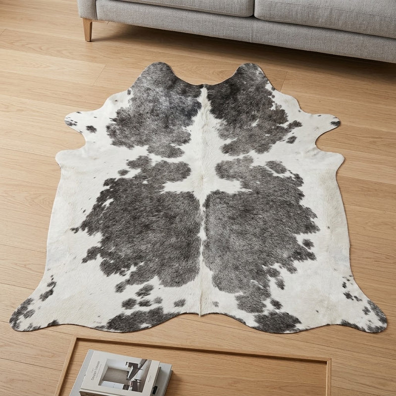 Genuine Grey & White Cowhide Rug | Natural Charcoal Spotted Cowskin Area Rug | Modern Silver Leather Carpet for Living Room