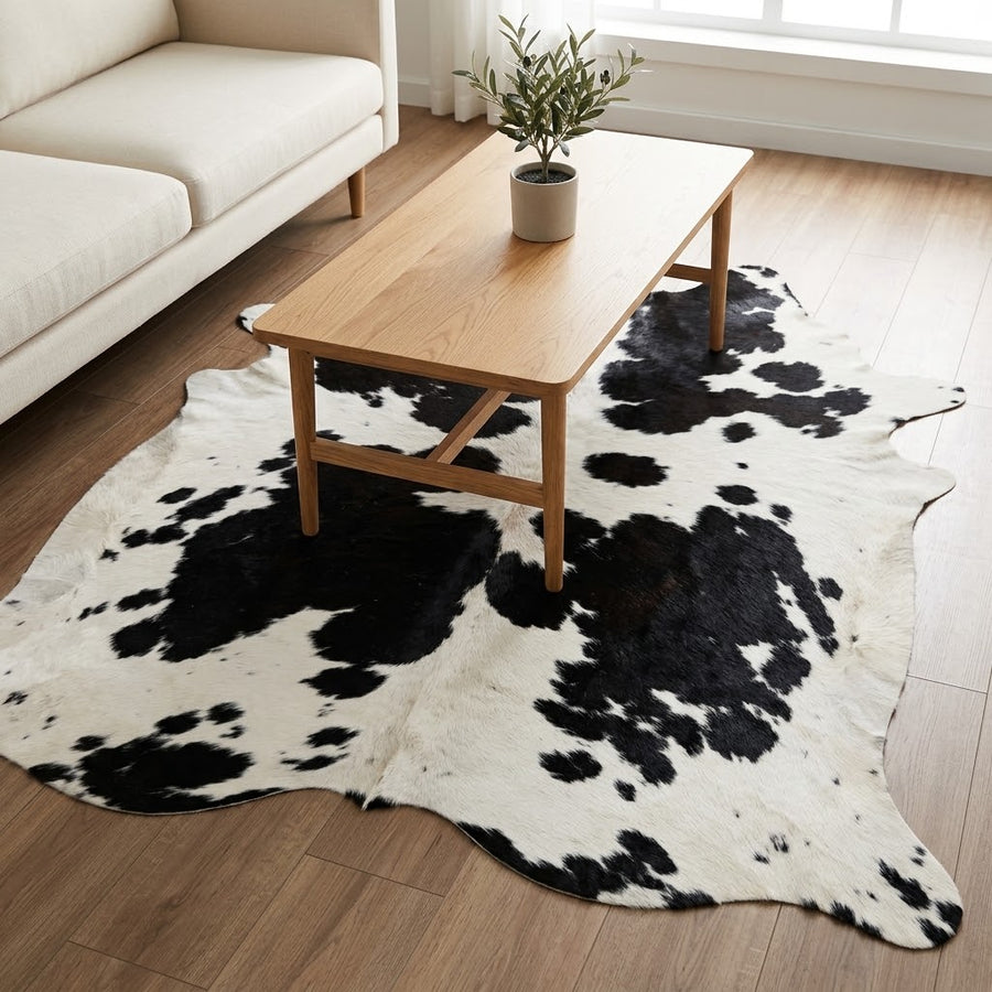 Genuine Black and White Cowhide Rug | Natural Spotted Holstein Pattern Cowskin Area Rug | Modern Leather Carpet for Living Room