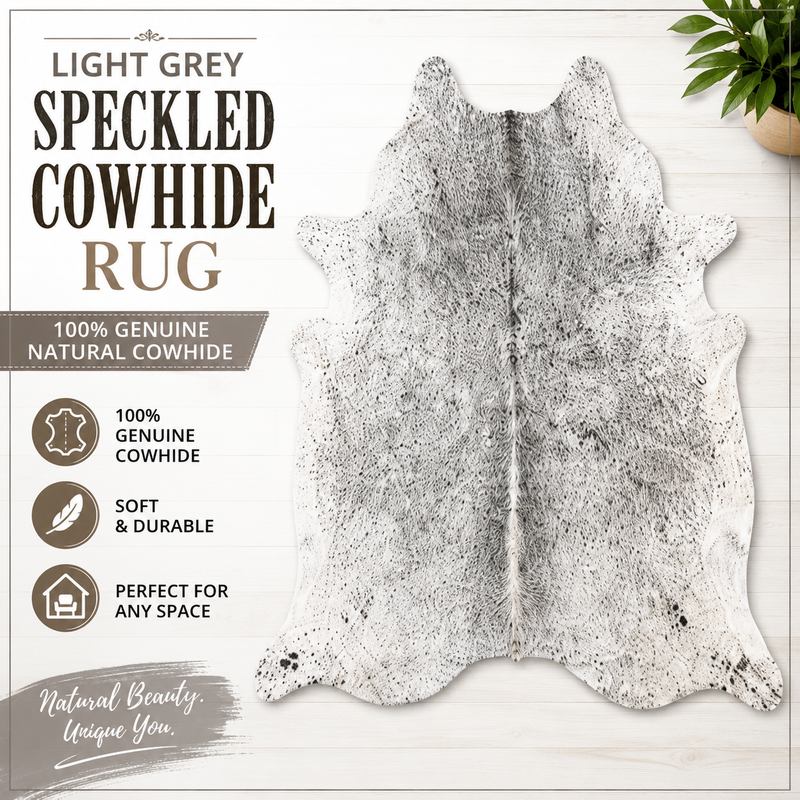 Genuine Grey Brindle Cowhide Rug | Natural Salt and Pepper Speckled Cowskin Area Rug | Modern Silver Grey Leather Carpet for Living Room