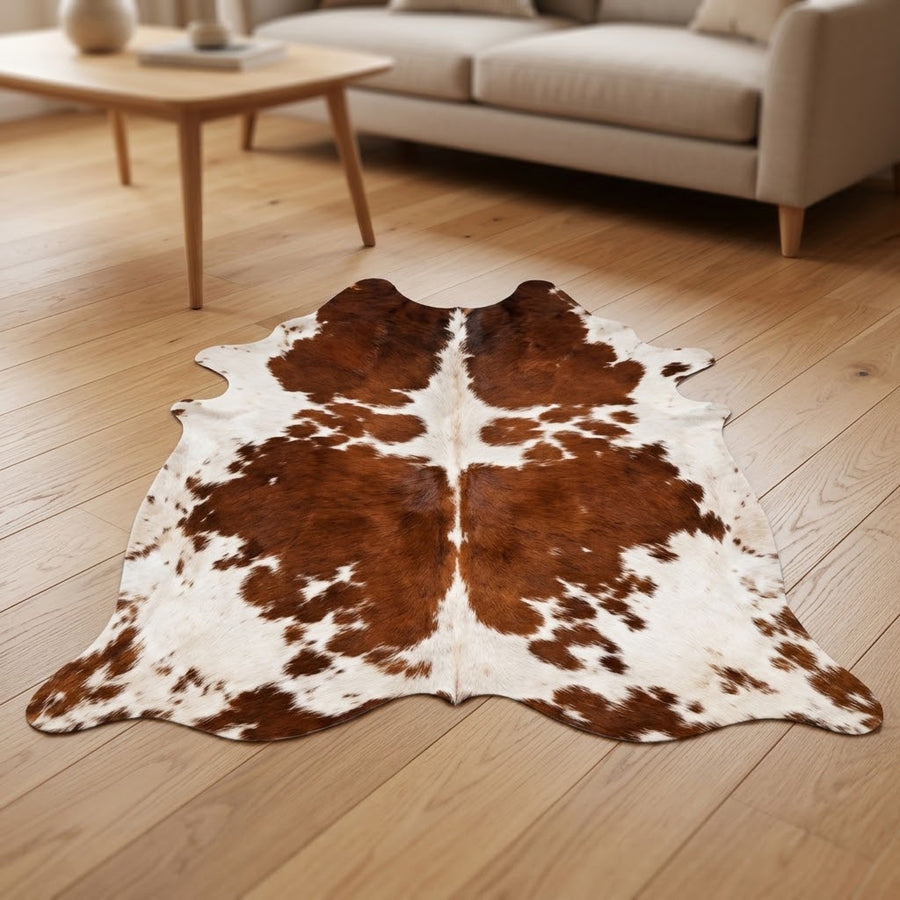 Genuine Chestnut Brown & White Cowhide Rug | Natural Spotted Warm Brown Cowskin Area Rug | Rustic Leather Carpet for Living Room