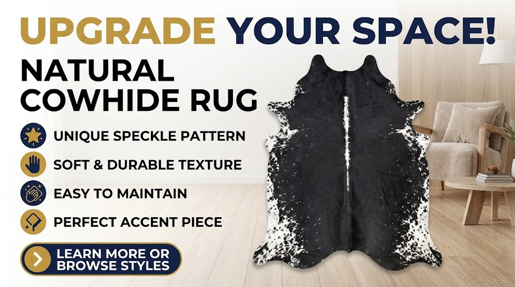 Authentic Jet Black & White Speckled Spine Cowhide Area Rug – Genuine Leather Accent Mat