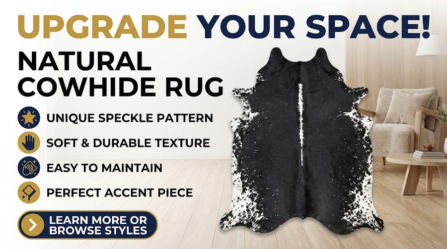 Authentic Jet Black & White Speckled Spine Cowhide Area Rug – Genuine Leather Accent Mat