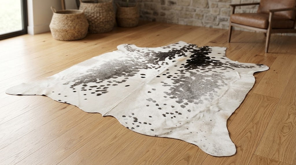 White & Silver Speckled Cowhide Rug – Genuine Hair On Hide Rug, Natural Cow Skin Area Rug, Modern Farmhouse Decor