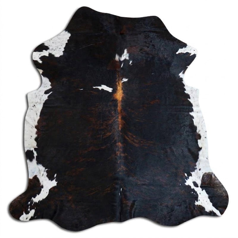 Genuine Jet Black Cowhide Rug | White Peppered Trim & Brown Spine Cowskin Area Rug | Modern Western Leather Carpet