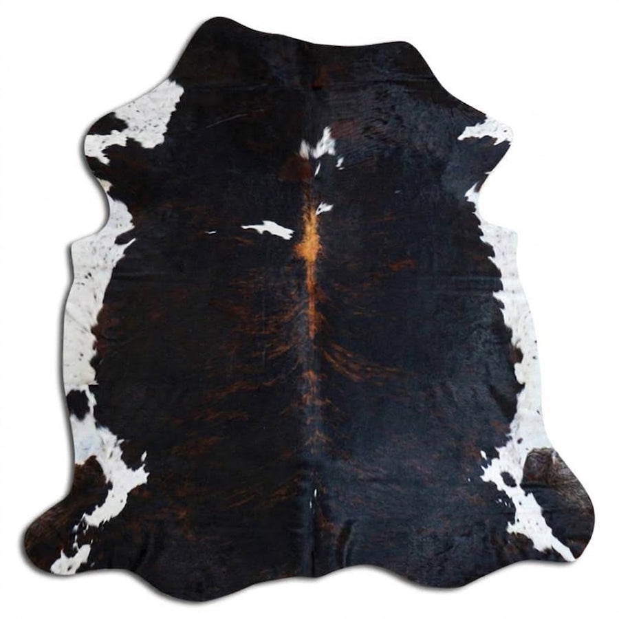 Genuine Jet Black Cowhide Rug | White Peppered Trim & Brown Spine Cowskin Area Rug | Modern Western Leather Carpet