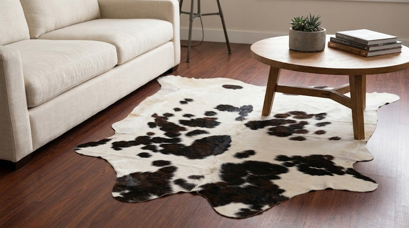 Genuine Dark Brown & White Spotted Cowhide Rug | Natural Brown Holstein Cowskin Area Rug | Rustic Modern Farmhouse Decor Carpet