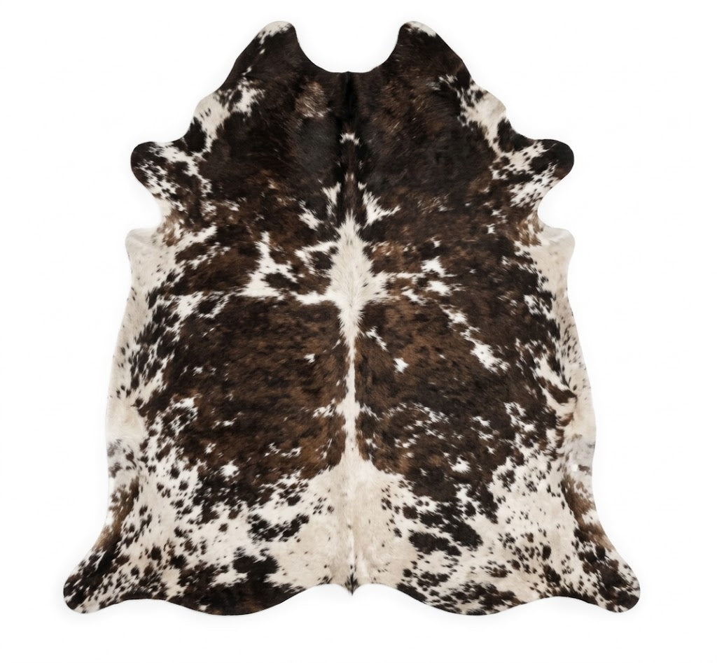 Genuine Natural Cowhide Rug | Tricolor Dark Brown & White Speckled Cow Hide Leather Floor Mat | Salt and Pepper Cowskin Area Rug