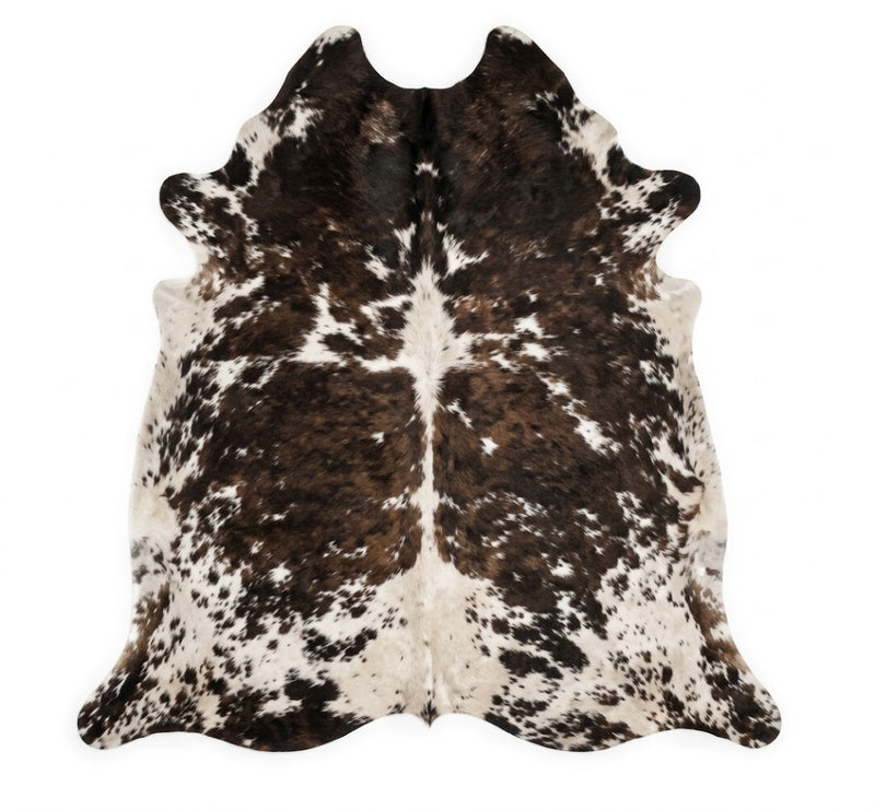 Genuine Natural Cowhide Rug | Tricolor Dark Brown & White Speckled Cow Hide Leather Floor Mat | Salt and Pepper Cowskin Area Rug