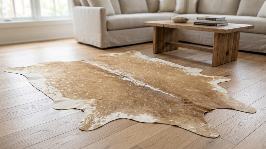 Natural Tan and White Cowhide Rug, Genuine Hair-on-Hide Floor Mat