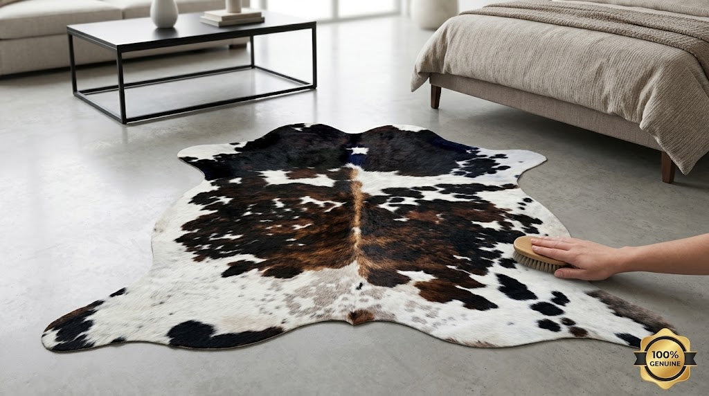 Genuine Tricolor Cowhide Rug | Black, Dark Brown & White Spotted Leather Area Rug | Authentic Symmetrical Cowskin Floor Carpet
