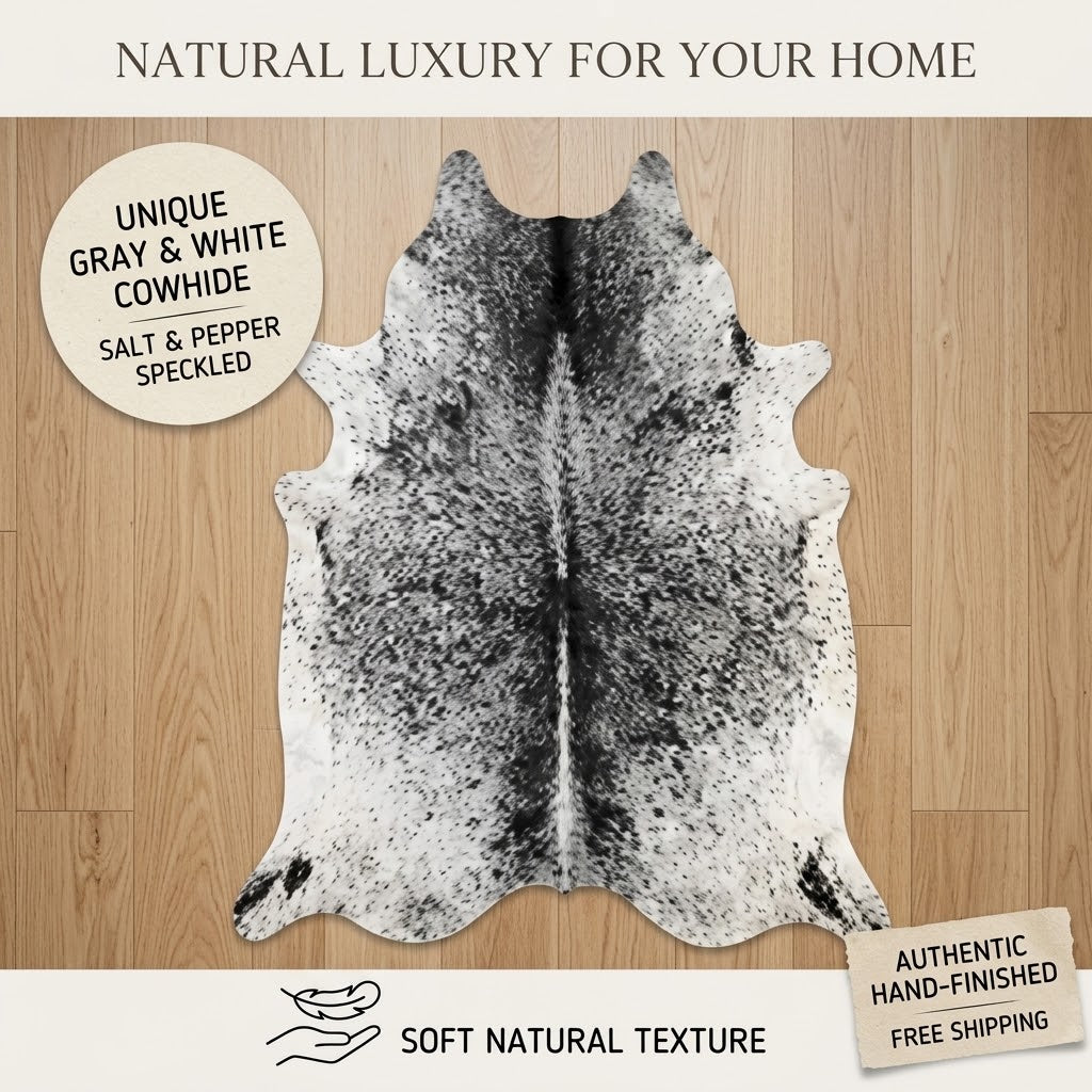 Grey Salt and Pepper Cowhide Rug - Genuine Monochrome Leather Area Rug