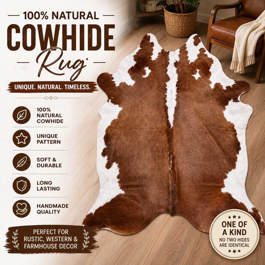 Genuine Brown and White Cowhide Rug | Chestnut Tan & Pure White Leather Area Rug | Classic Western Cowskin Floor Carpet
