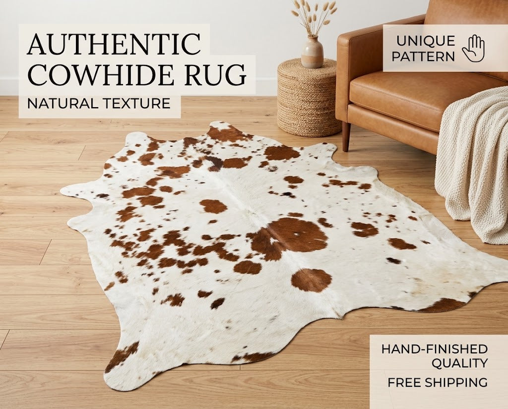 Brown and White Speckled Cowhide Rug - Genuine Leather Area Rug