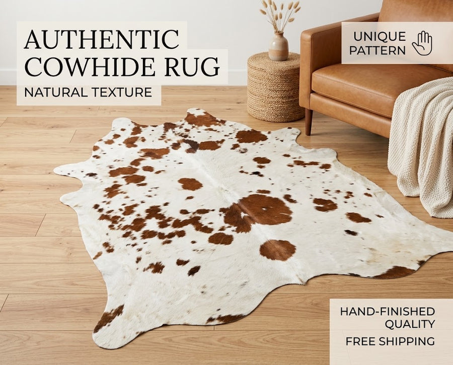 Brown and White Speckled Cowhide Rug - Genuine Leather Area Rug