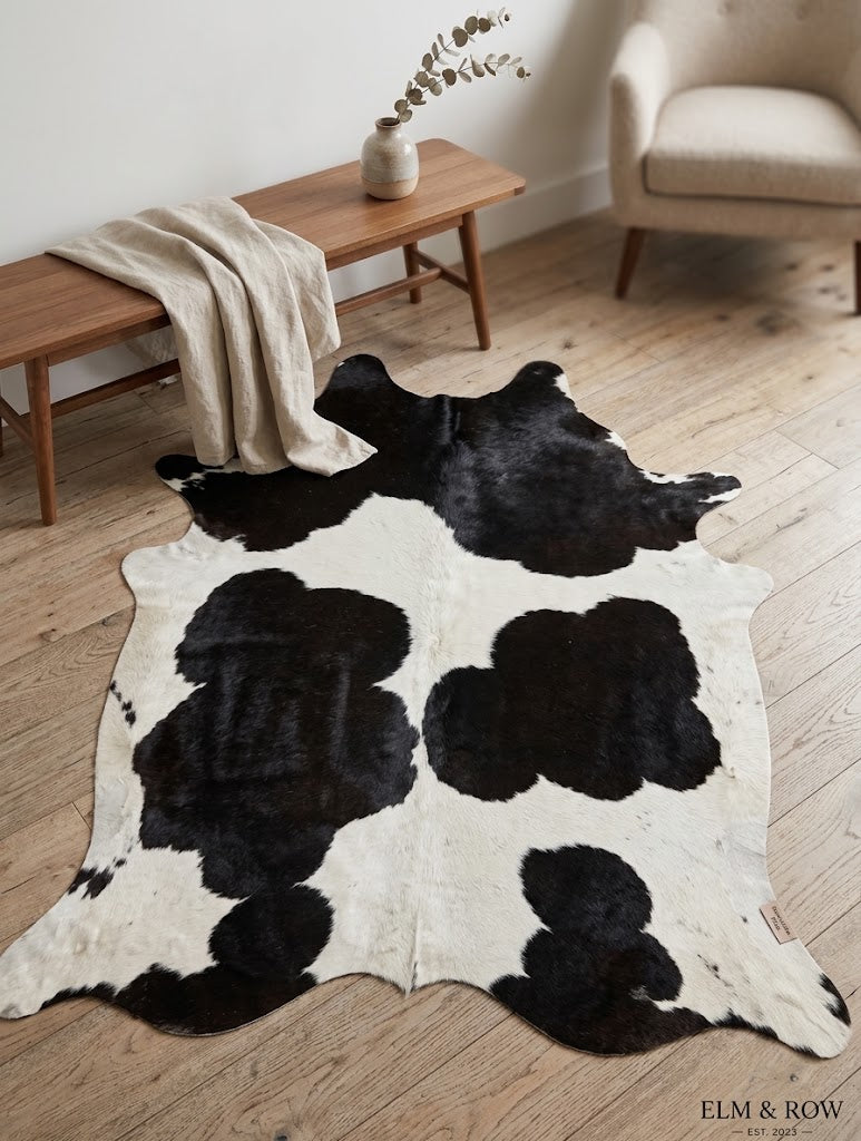Genuine Black and White Cowhide Rug | Natural Spotted Cow Skin Area Rug | Classic Holstein Pattern Leather Carpet for Living Room