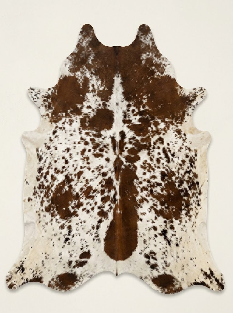 Genuine Chestnut Brown Speckled Cowhide Rug | Salt and Pepper Brown Cowskin Area Rug | Natural Tricolor Leather Carpet for Living Room