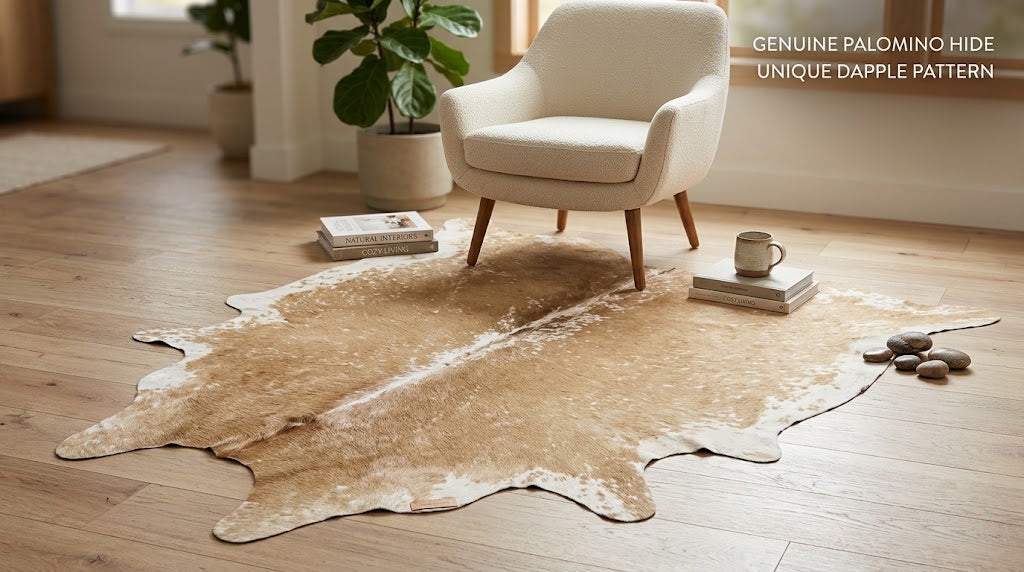 Light Beige & White Cowhide Rug - Genuine Soft Palomino Leather Area Rug