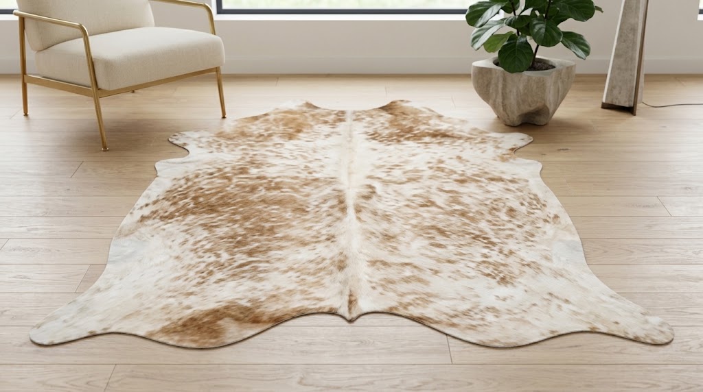 Authentic Golden Tan & White Salt Speckled Cowhide Area Rug – Genuine Natural Leather Accent Mat