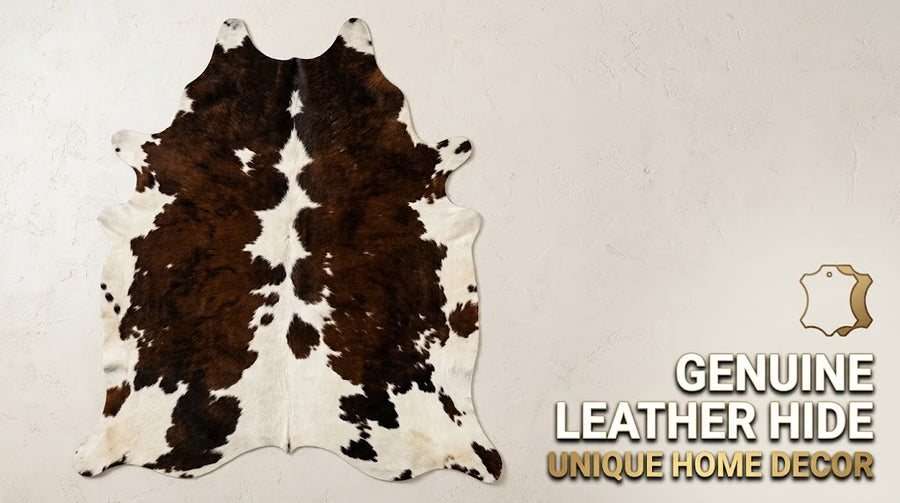 Genuine Dark Brown & White Cowhide Rug | Natural Tricolor Spotted Cowskin Area Rug | Rustic Leather Carpet for Living Room