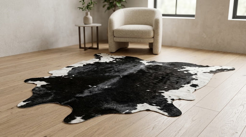Genuine Jet Black Cowhide Rug | White Peppered Rimmed Leather Area Rug | Modern Black & White Western Cowskin Carpet for Living Room