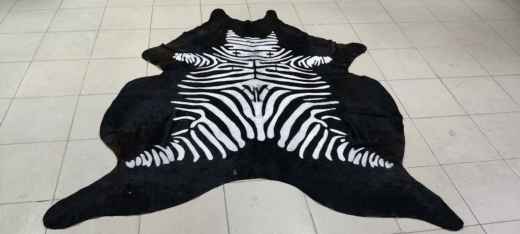 Genuine Zebra Print Cowhide Rug | Black & White Stenciled Cowskin Area Rug | Modern Exotic Leather Floor Carpet for Living Room