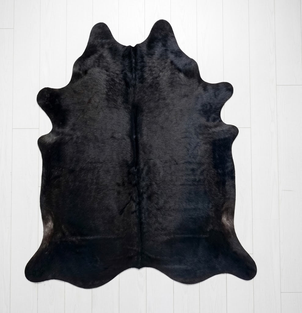 Genuine Solid Black Cowhide Rug | Natural All-Black Leather Area Rug | Modern Minimalist Cow Skin Floor Carpet for Living Room