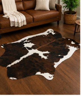 Natural Tricolor Cowhide Rug, Rich Brown, Black, and White Hair-on-Hide Area Mat