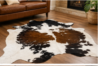 Natural Tricolor Cowhide Rug, Brown, Black, and White Hair-on-Hide Area Rug