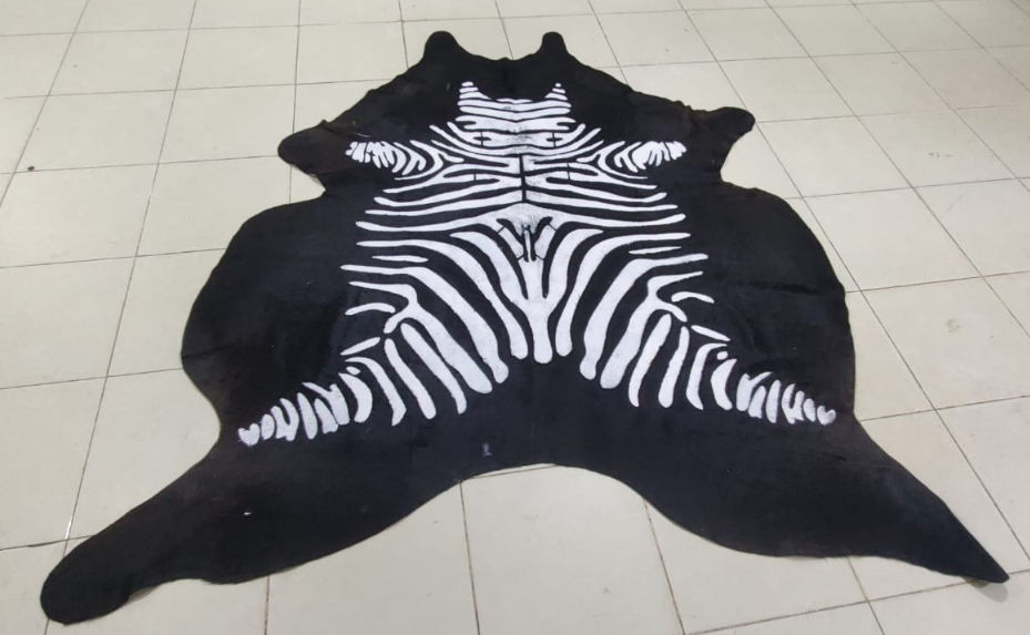Genuine Zebra Print Cowhide Rug | Black & White Stenciled Cowskin Area Rug | Modern Exotic Leather Floor Carpet for Living Room