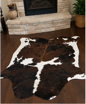 Natural Tricolor Cowhide Rug, Rich Brown, Black, and White Hair-on-Hide Area Mat